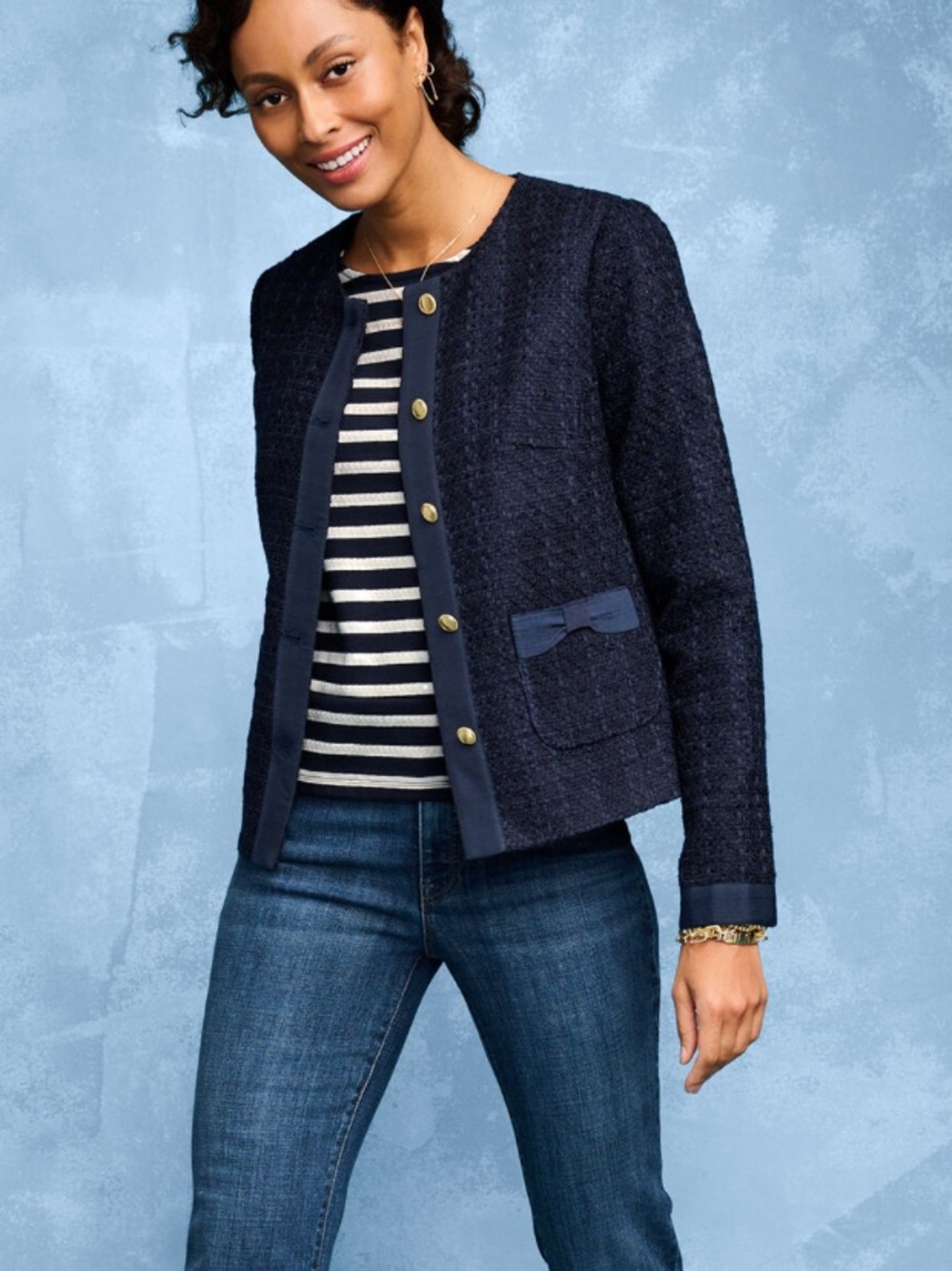 NEW Talbots Vibrant Tweed Blazer Gold Buttons Bow Detail Pockets Navy 2025 16W
